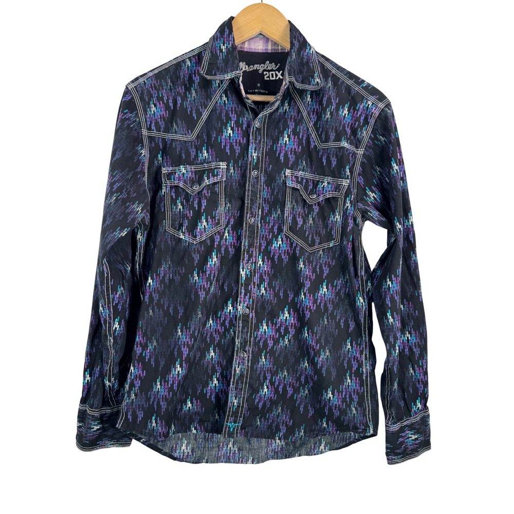 Wrangler 20X Mens Western Shirt Black Purple Diamond Print Size S‎ Snap cowboy
